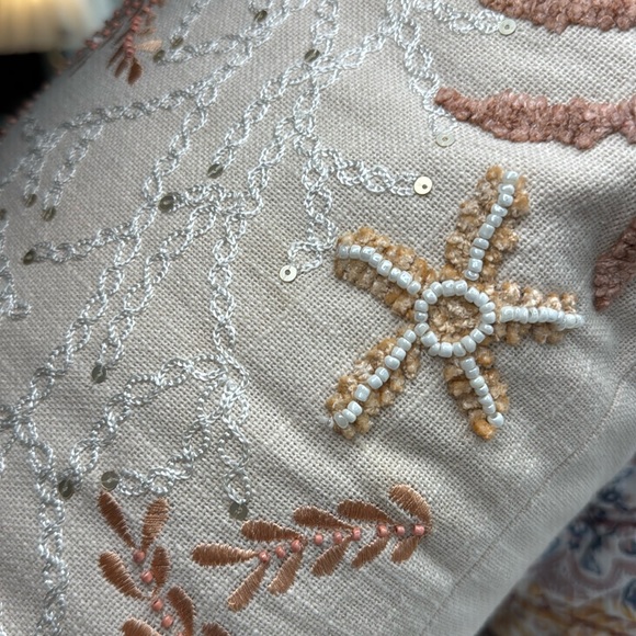 NEW Large Coastal Hand Embroidered w beads & Sequins Lumbar Pillow Beach Boho - Picture 7 of 17